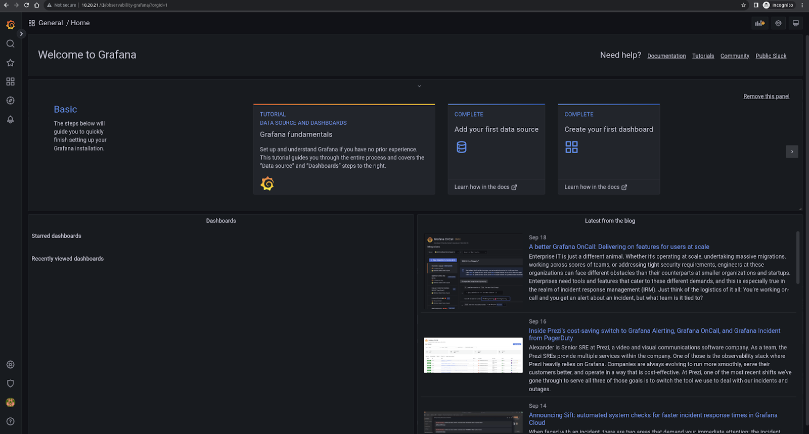 Grafana landing screen