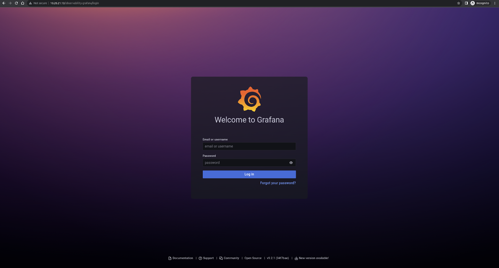 Grafana login screen